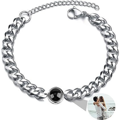Custom photo projection Cuban link bracelet in polished stainless steel — bold hidden photo for women and men
