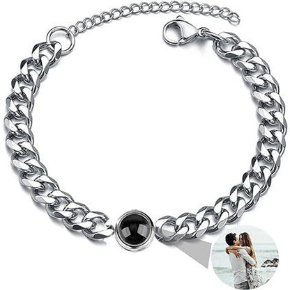 Custom photo projection Cuban link bracelet in polished stainless steel — bold hidden photo for women and men
