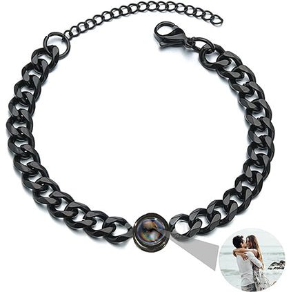 Custom photo projection Cuban link bracelet in rhodium black — bold personalized photo gift for him and her