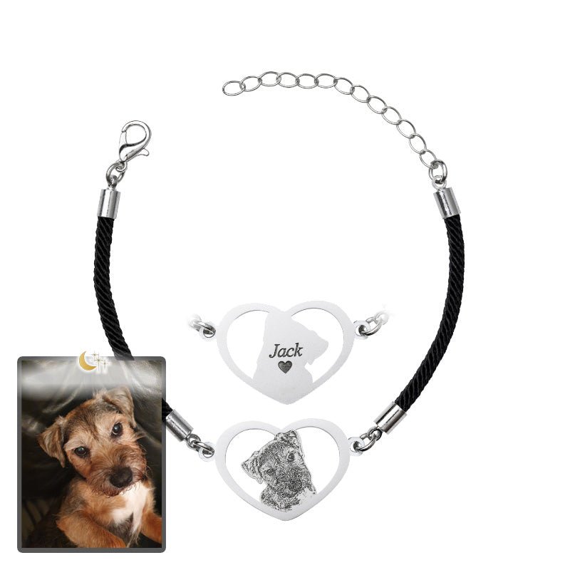 Dog halo heart memorial photo bracelet in polished stainless steel — silhouette halo heart pendant