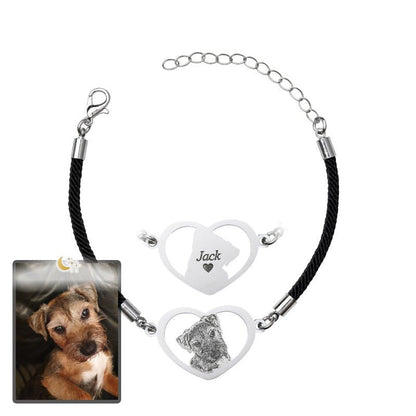 Dog halo heart memorial photo bracelet in polished stainless steel — silhouette halo heart pendant