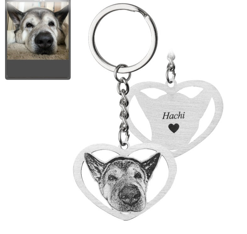 Dog halo heart memorial photo keychain in polished stainless steel — silhouette halo engraved pendant