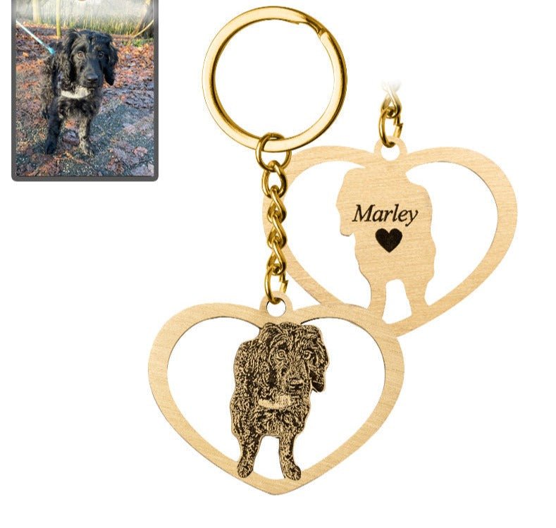 Dog halo heart memorial photo keychain in titanium gold — engraved dog loss keepsake pendant