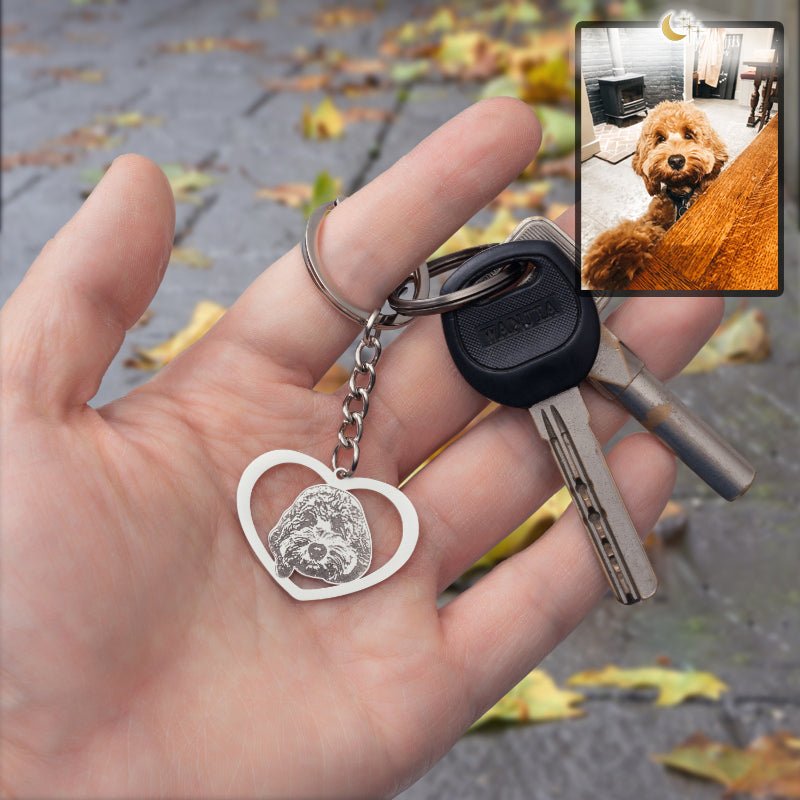 Dog halo heart memorial photo keychain — rainbow bridge grief gift for dog dads and dog moms