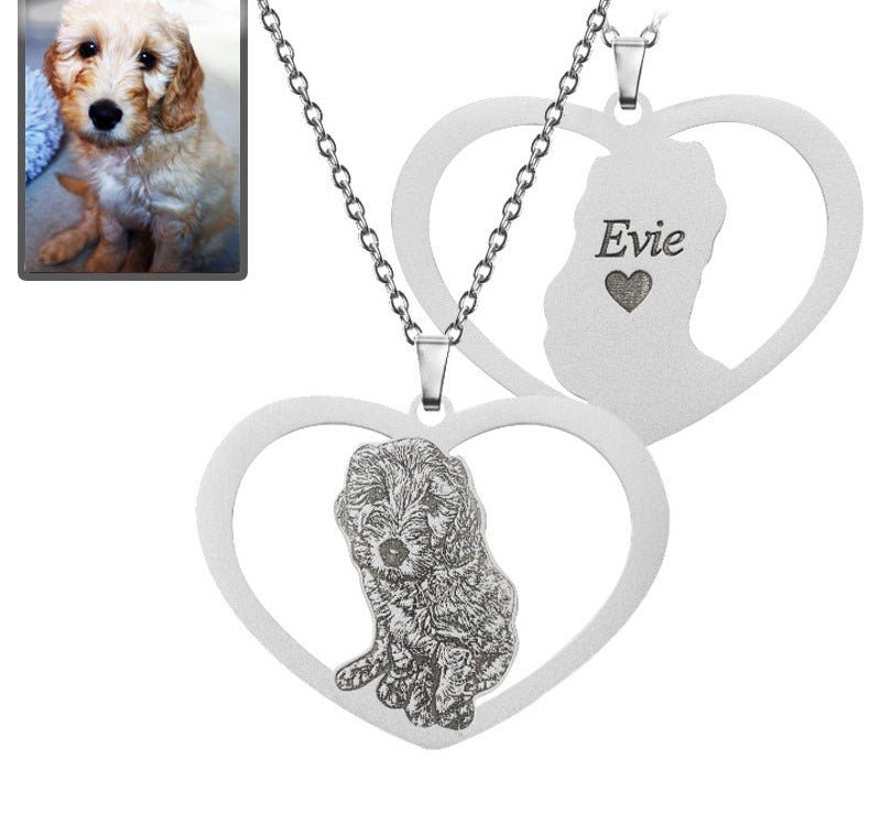 Dog halo heart memorial photo necklace in polished stainless steel — silhouette halo heart engraved pendant