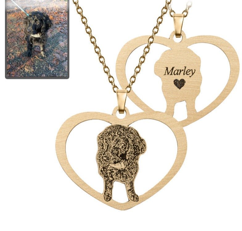 Dog halo heart memorial photo necklace in titanium gold — engraved dog loss keepsake