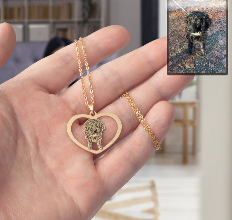 Dog halo heart memorial photo necklace — rainbow bridge grief gift for dog moms and dog dads