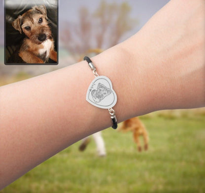 Dog memorial heart photo bracelet — engraved dog loss sympathy keepsake for dog moms and dads