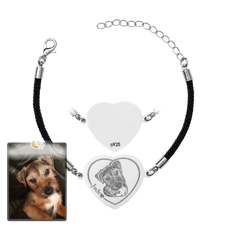 Dog memorial heart photo bracelet in 925 sterling silver — rainbow bridge keepsake for dog moms