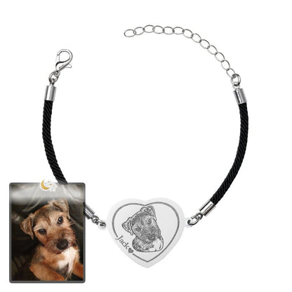 Dog memorial heart photo bracelet in polished stainless steel — engraved pet loss keepsake for dog moms