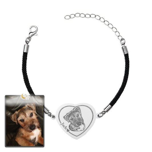 Dog memorial heart photo bracelet in polished stainless steel — engraved pet loss keepsake for dog moms