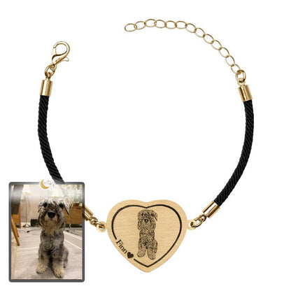 Dog memorial heart photo bracelet in titanium gold — engraved dog memorial pendant bracelet