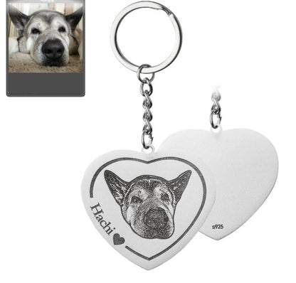 Dog memorial heart photo keychain in 925 sterling silver — personalized rainbow bridge sympathy gift