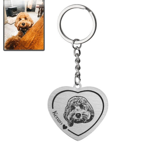 Dog memorial heart photo keychain in polished stainless steel — engraved portrait pendant for dog moms