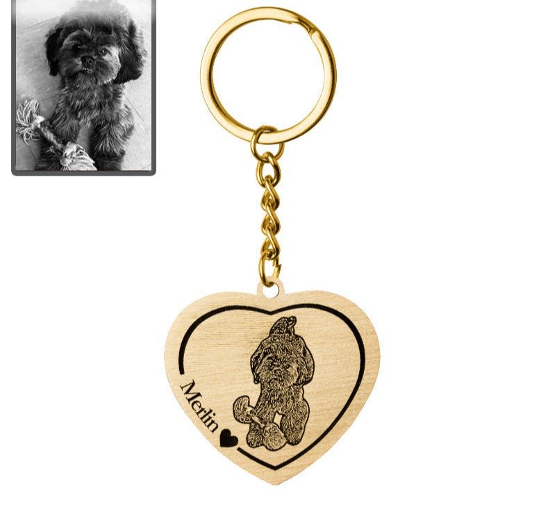 Dog memorial heart photo keychain in titanium gold — engraved dog loss keepsake pendant