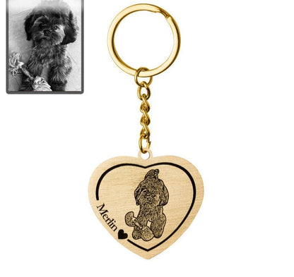 Dog memorial heart photo keychain in titanium gold — engraved dog loss keepsake pendant