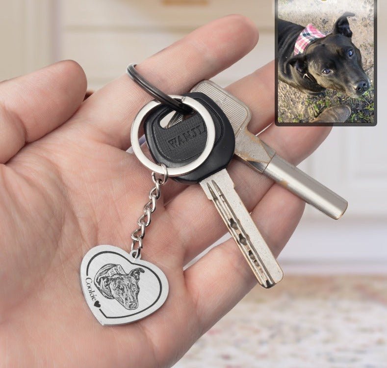 Dog memorial heart photo keychain — rainbow bridge grief gift for dog dads and dog moms