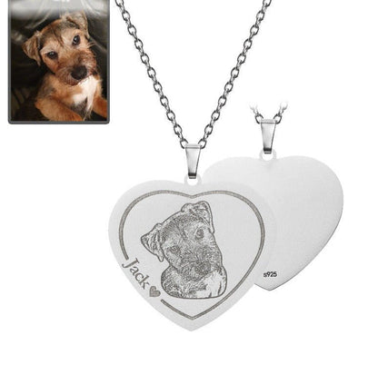 Dog memorial heart photo necklace in 925 sterling silver — engraved rainbow bridge sympathy gift