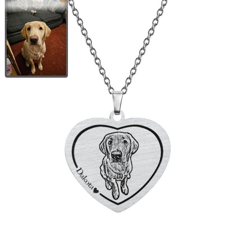 Dog memorial heart photo necklace in polished stainless steel — engraved portrait pendant for dog moms