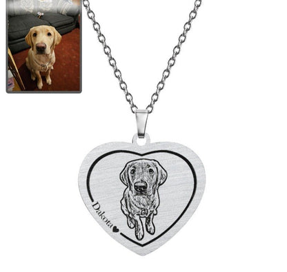 Dog memorial heart photo necklace in polished stainless steel — engraved portrait pendant for dog moms