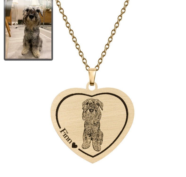Dog memorial heart photo necklace in titanium gold — engraved dog loss keepsake pendant