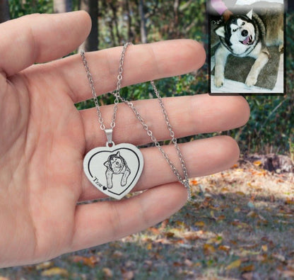 Dog memorial heart photo necklace — rainbow bridge grief gift for dog moms and dog dads
