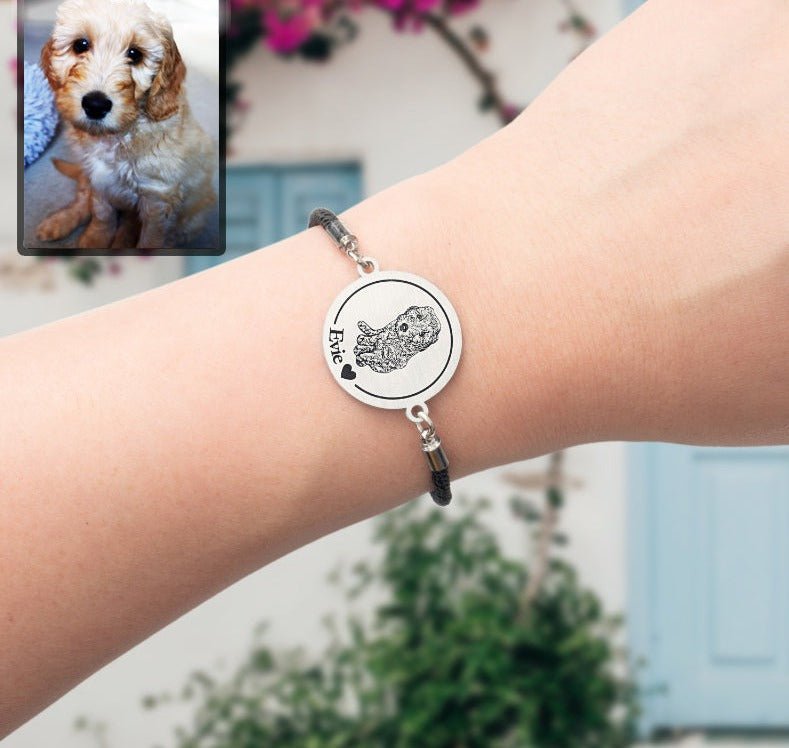 Dog memorial medallion photo bracelet — embossed dog loss grief gift for dog dads and dog moms