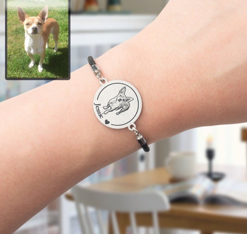 Dog memorial medallion photo bracelet — detailed engraved rainbow bridge keepsake for dog moms