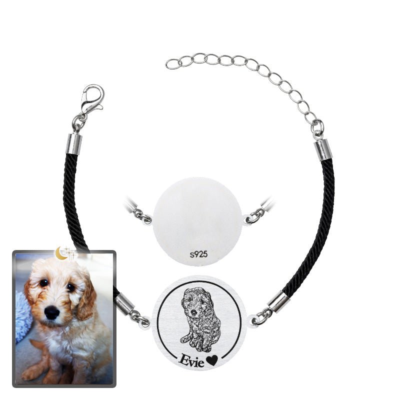 Dog memorial medallion photo bracelet in 925 sterling silver — rainbow bridge engraved tribute
