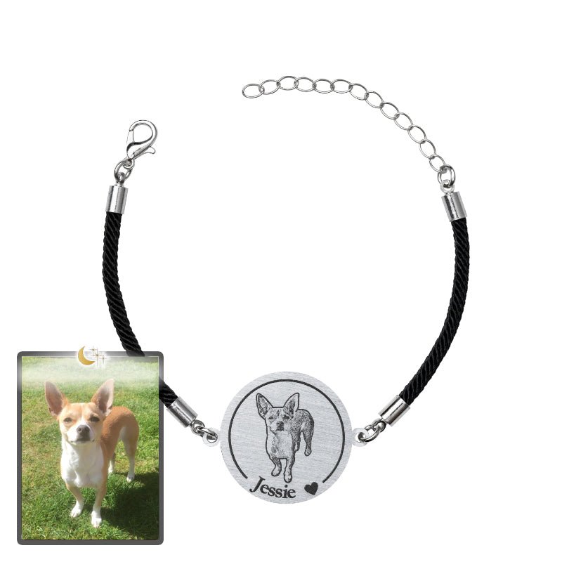 Dog memorial medallion photo bracelet in polished stainless steel — embossed portrait tribute pendant