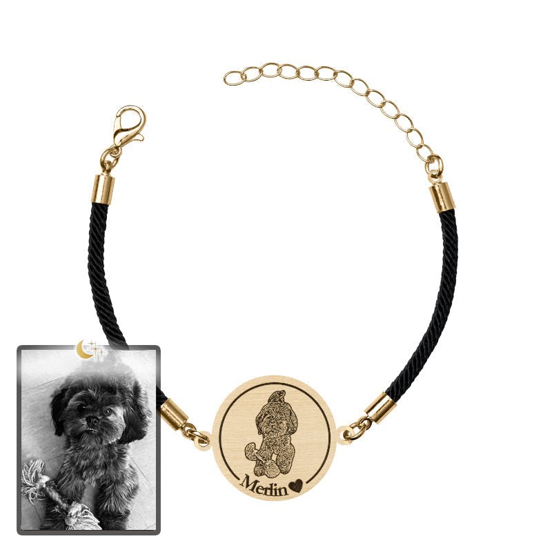 Dog memorial medallion photo bracelet in titanium gold — embossed dog memorial keepsake
