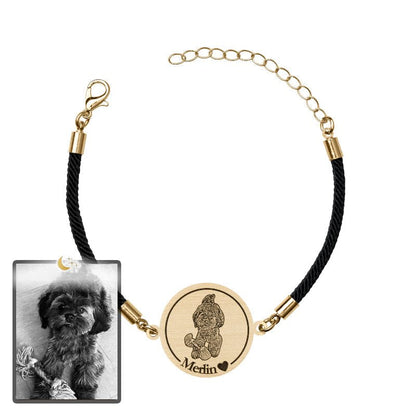 Dog memorial medallion photo bracelet in titanium gold — embossed dog memorial keepsake