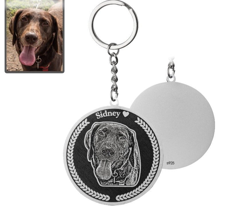 Dog memorial medallion photo keychain in 925 sterling silver — personalized dog memorial gift