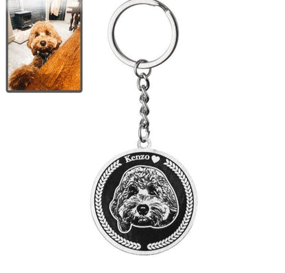 Dog memorial medallion photo keychain in polished stainless steel — embossed portrait pendant for dog moms