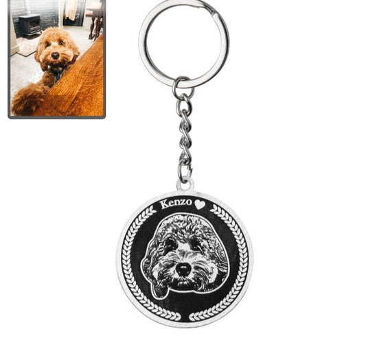 Dog memorial medallion photo keychain in polished stainless steel — embossed portrait pendant for dog moms