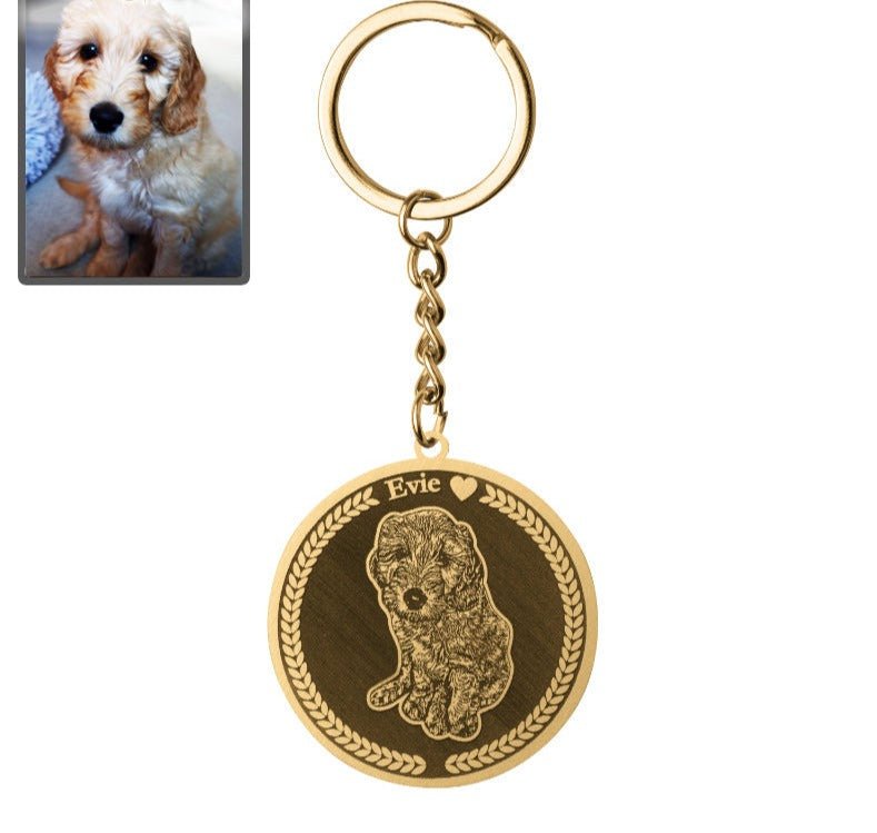 Dog memorial medallion photo keychain in titanium gold — embossed dog loss keepsake pendant