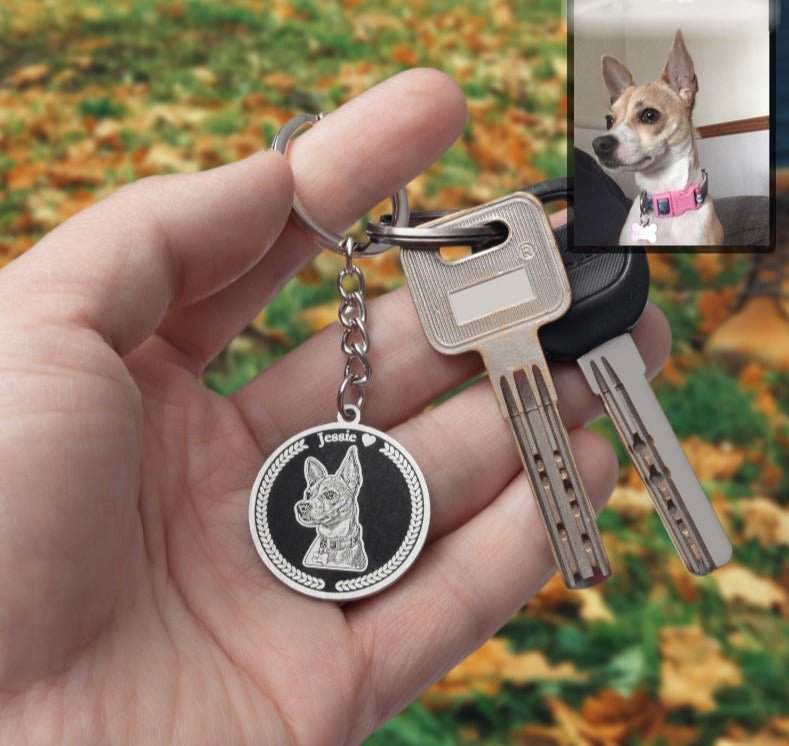 Dog memorial medallion photo keychain — detailed rainbow bridge grief gift for dog dads