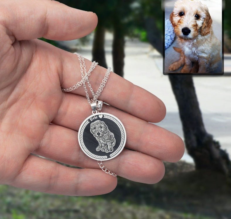 Dog memorial medallion photo necklace — embossed dog loss grief gift for dog dads and dog moms
