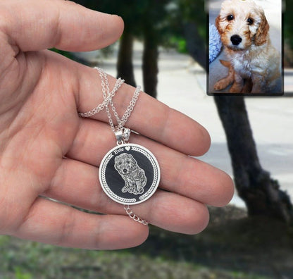 Dog memorial medallion photo necklace — embossed dog loss grief gift for dog dads and dog moms