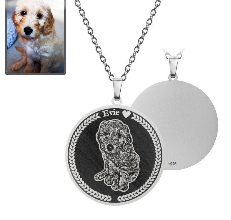 Dog memorial medallion photo necklace in 925 sterling silver — engraved dog memorial tribute