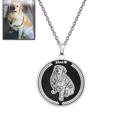 Dog memorial medallion photo necklace in polished stainless steel — embossed portrait tribute pendant