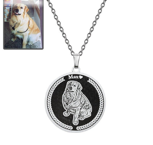 Dog memorial medallion photo necklace in polished stainless steel — embossed portrait tribute pendant