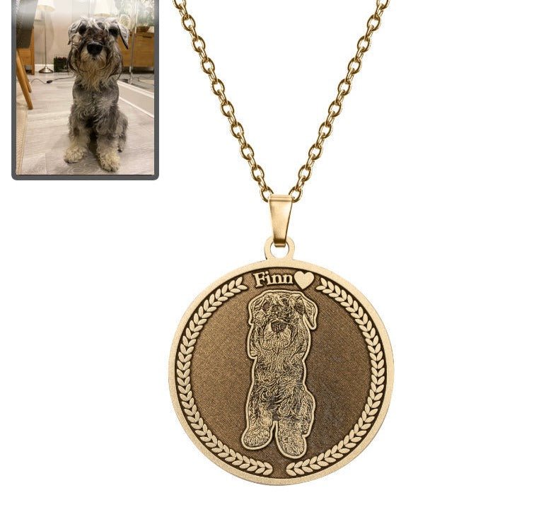 Dog memorial medallion photo necklace in titanium gold — embossed rainbow bridge keepsake