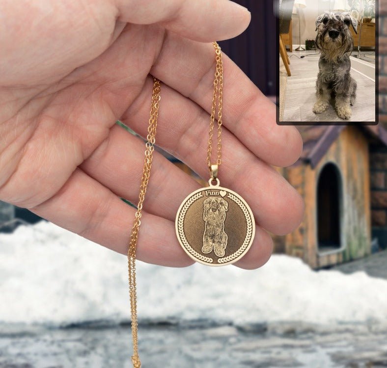 Dog memorial medallion photo necklace — detailed portrait rainbow bridge keepsake for dog moms