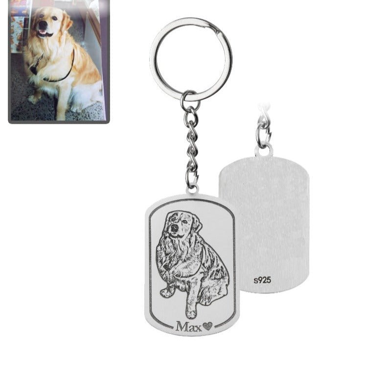 Dog photo dogtag memorial keychain in 925 sterling silver — personalized rainbow bridge gift