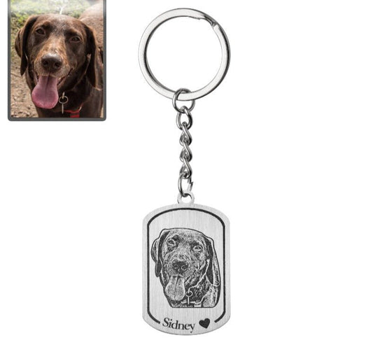 Dog photo dogtag memorial keychain in polished stainless steel — bold engraved portrait for dog moms
