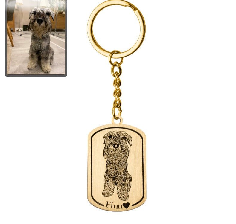 Dog photo dogtag memorial keychain in titanium gold — bold engraved dog loss keepsake