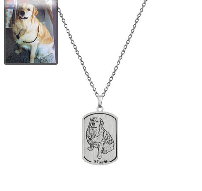 Dog photo dogtag memorial necklace in polished stainless steel — bold engraved pet portrait pendant