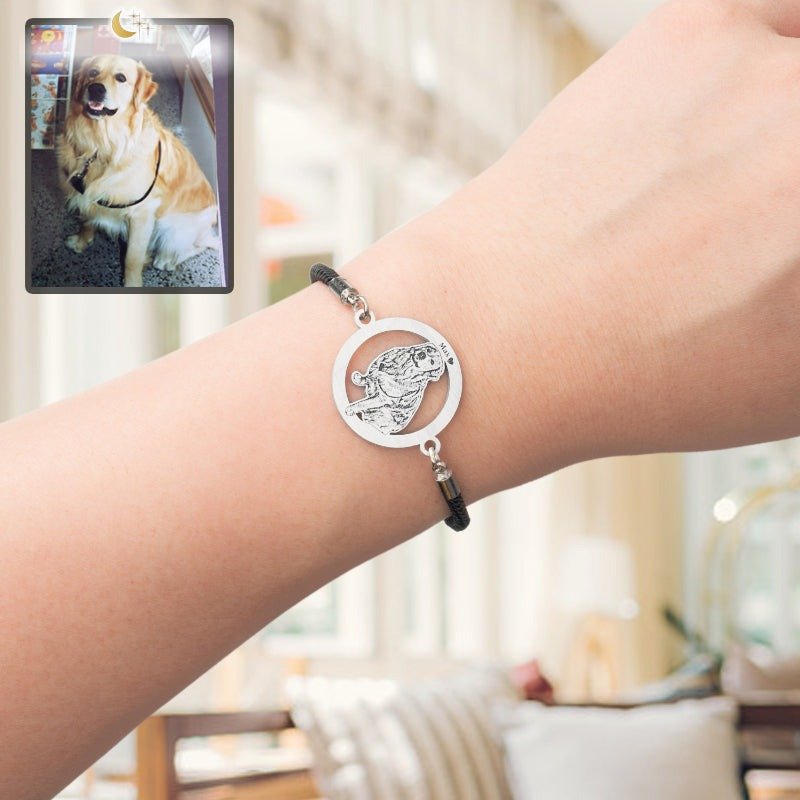 Dog silhouette halo memorial photo bracelet — engraved dog loss sympathy gift for dog dads