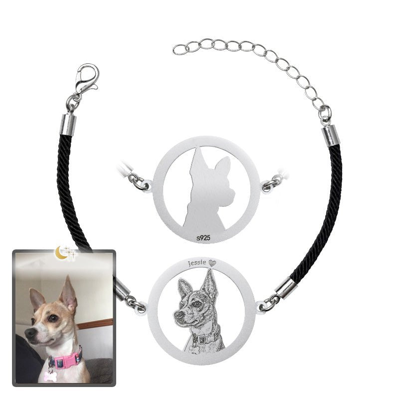 Dog silhouette halo memorial photo bracelet in 925 sterling silver — rainbow bridge tribute